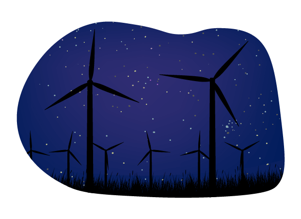 星空と風力発電の挿絵のイラスト