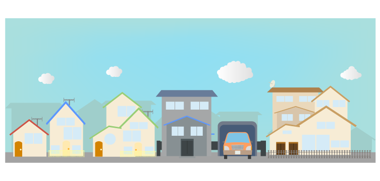 住宅街のフリーイラスト 街並みの背景の建物素材 チコデザ