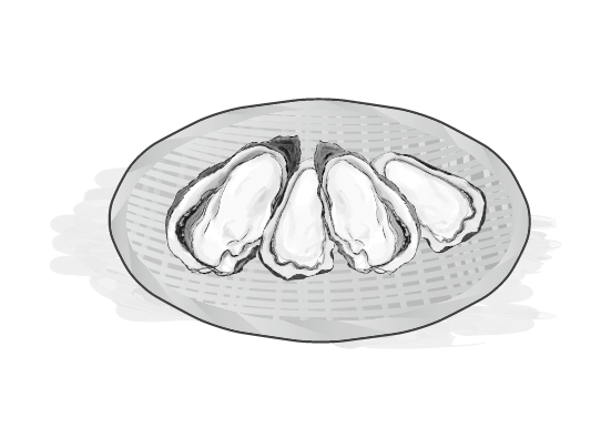 ザルにのった牡蠣のイラスト(白黒)