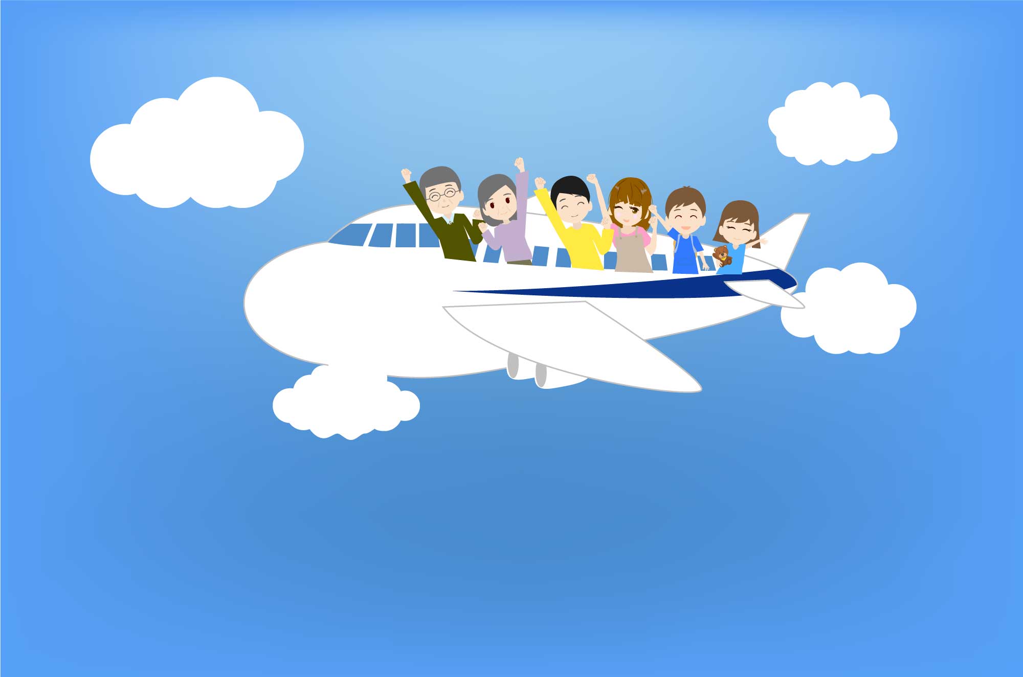 飛行機で旅行に行く笑顔の家族のフリーイラスト - チコデザ