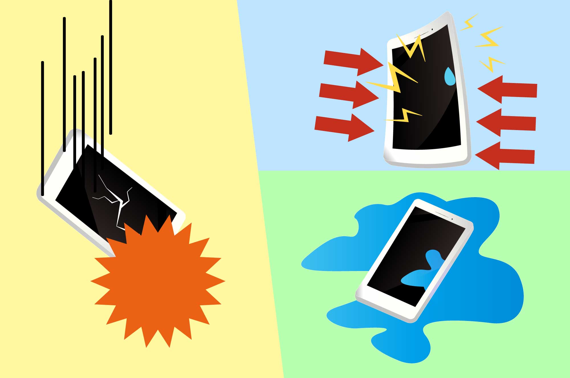 壊れるスマートフォンのイラスト - 落下・水没・圧迫 - チコデザ