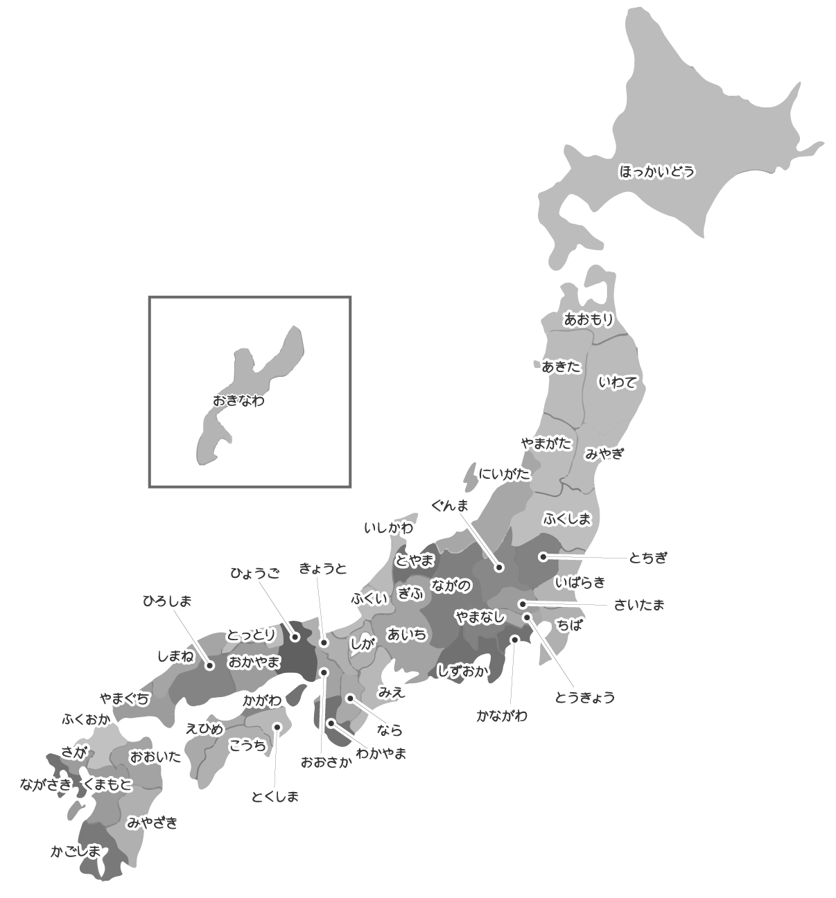 白黒の日本地図(名称入り)のイラスト