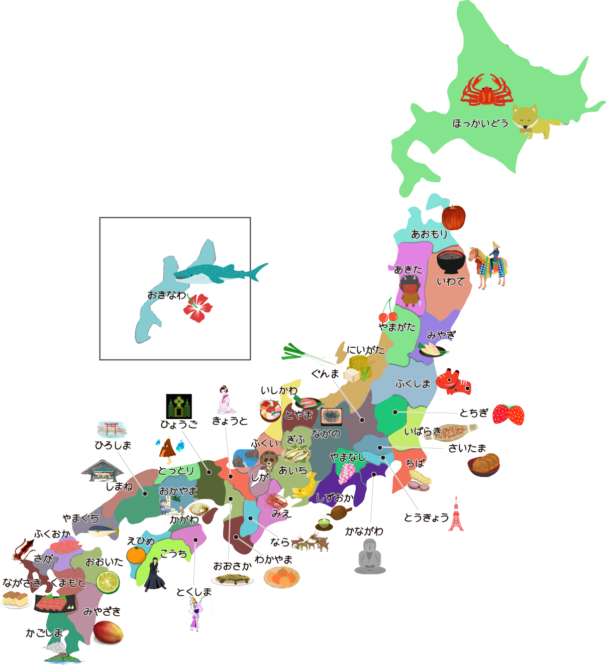 日本地図のイラスト フリーの都道府県名産 名物の無料素材 チコデザ