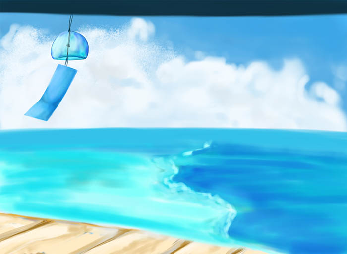 風鈴と海の夏の背景のイラスト