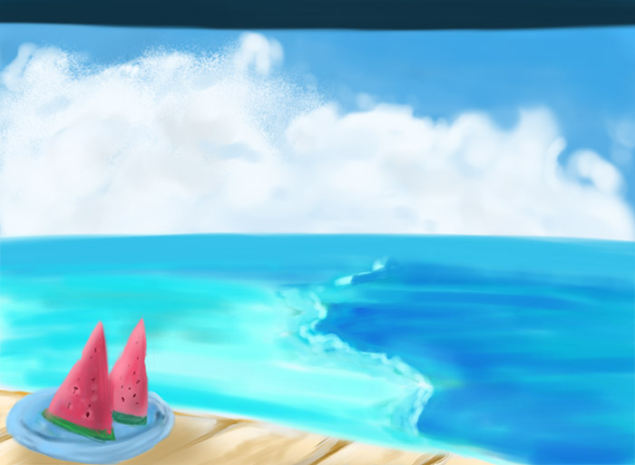 スイカと夏の海の背景のイラスト