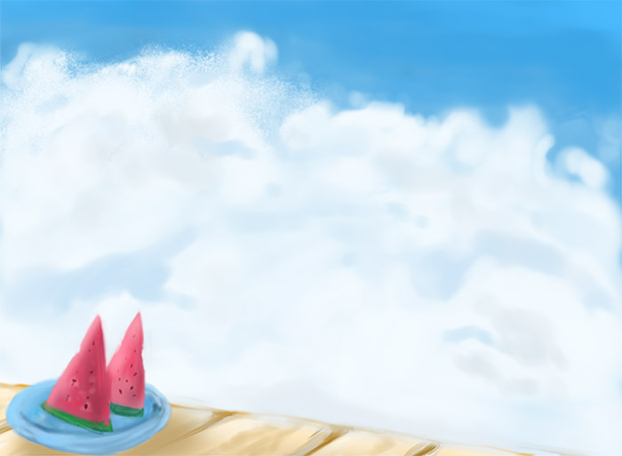 スイカと夏の空の背景のイラスト