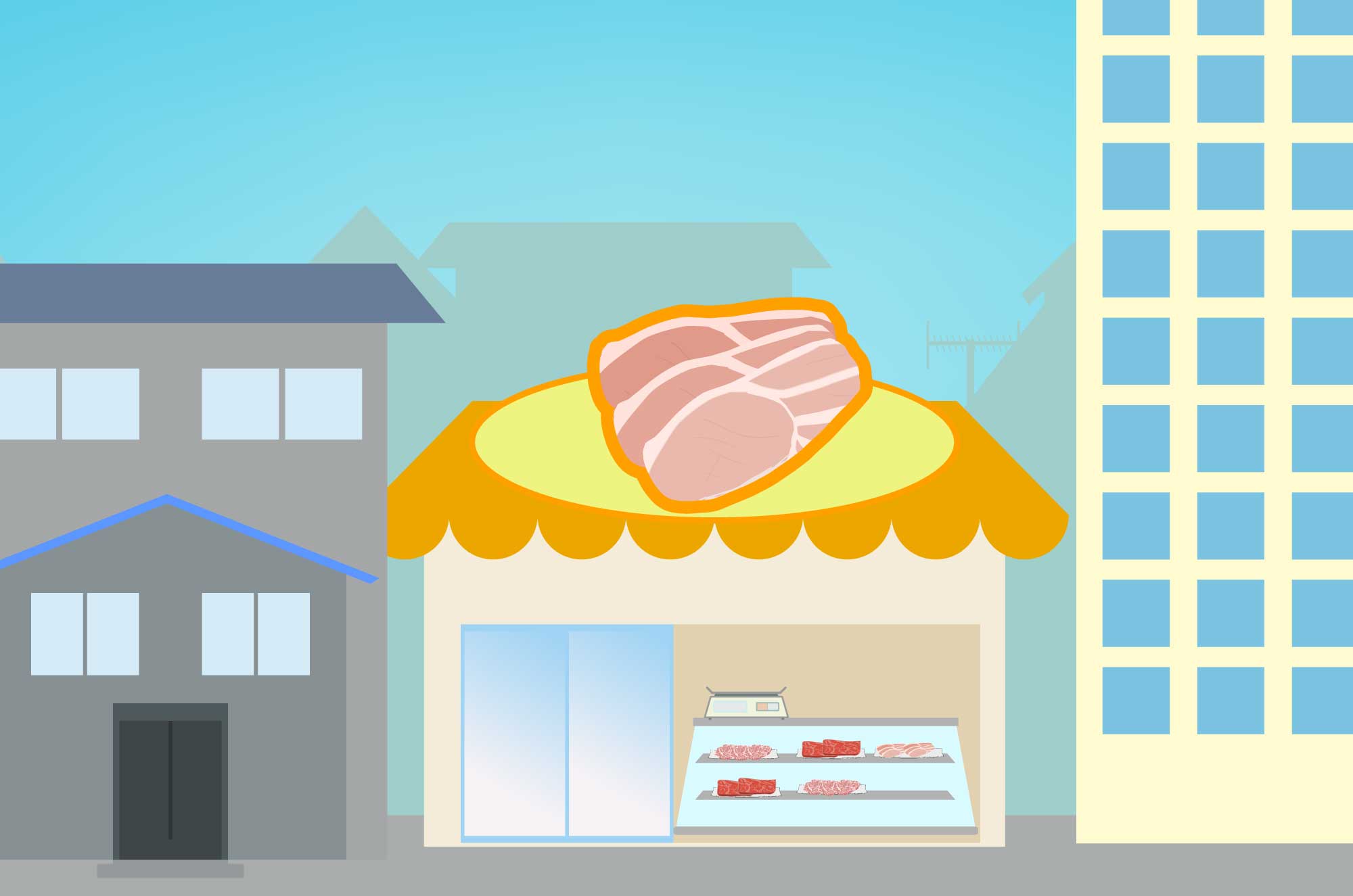 肉屋のフリーイラスト 町の建物無料素材 チコデザ 肉屋のフリーイラスト 町の建物無料素材 チコデザ