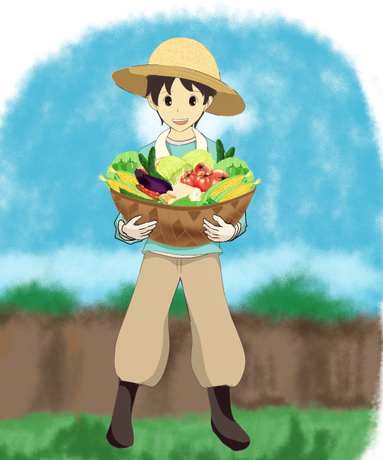 可愛い農家の子供と山盛りの野菜のイラスト