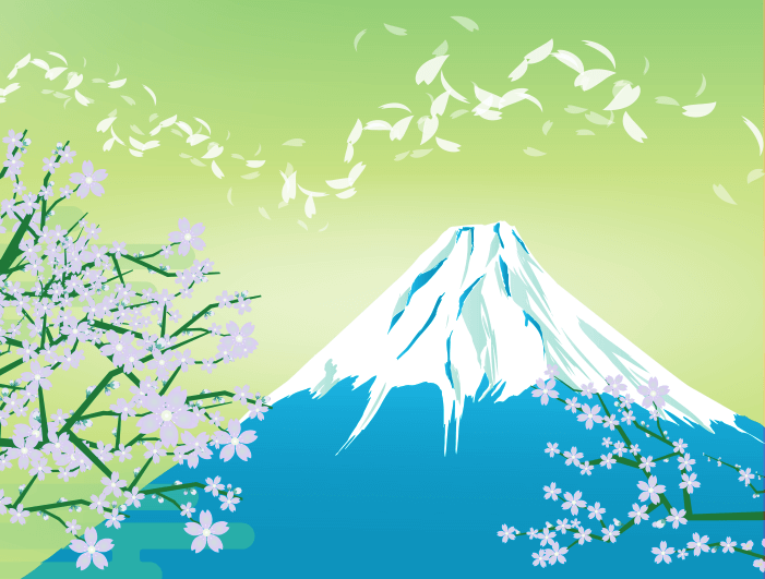 富士山と桜背景(緑)のイラスト