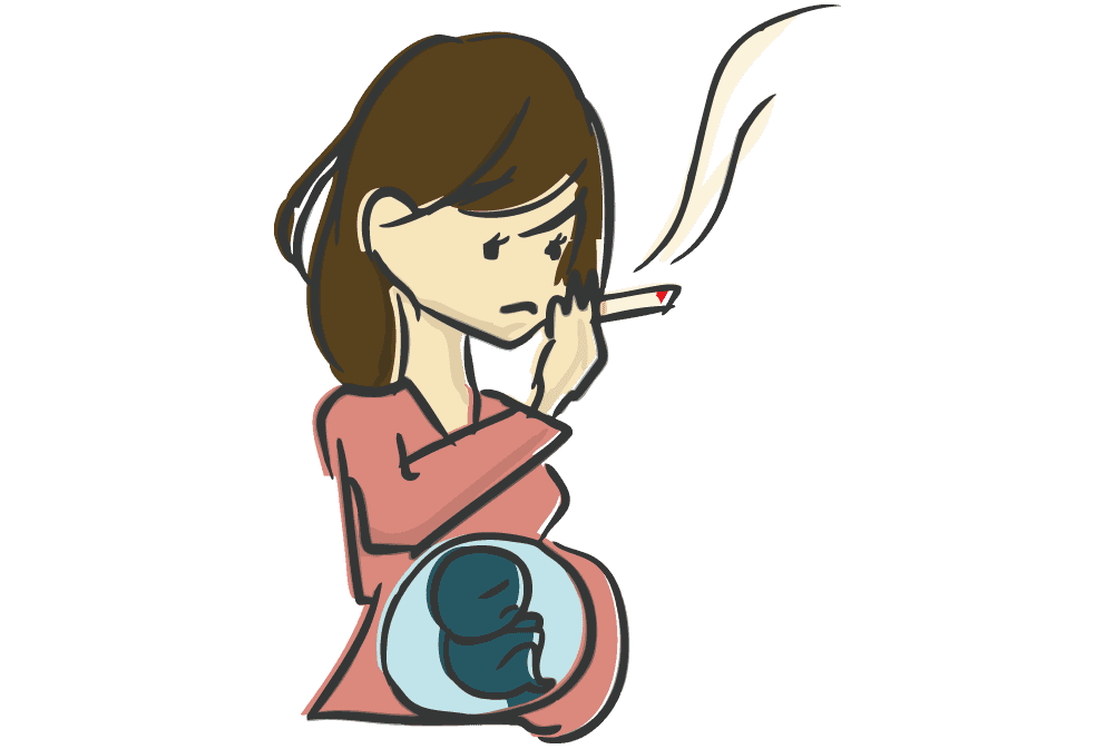 妊娠中の喫煙女性と苦しそうな胎児のイラスト