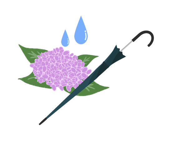 紫陽花と傘と雨粒のイラスト