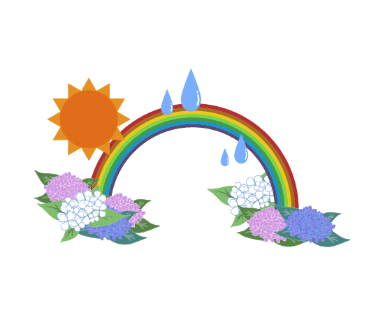 太陽と紫陽花と虹と雨のイラスト