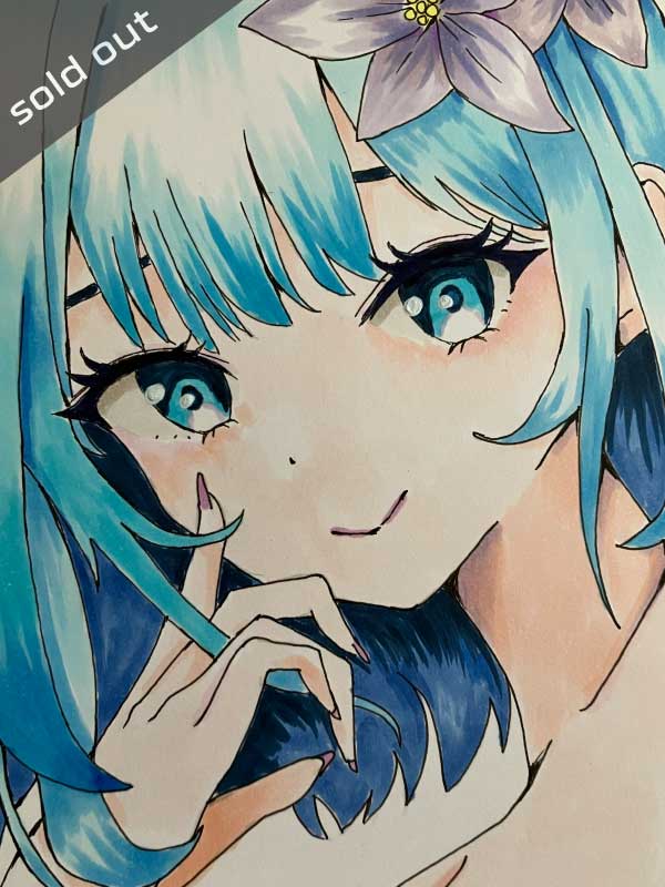 青髪少女のアナログイラスト