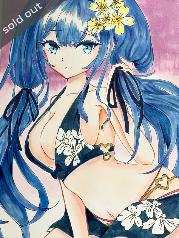 青髪ツインテール少女のアナログイラスト
