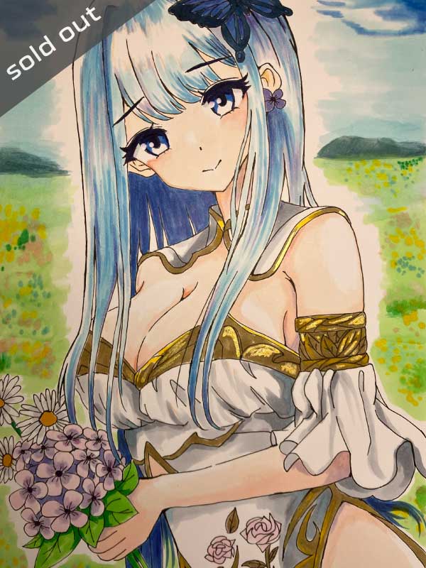 花と少女のアナログイラスト
