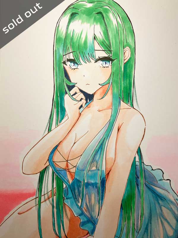 寝起きの少女のアナログイラスト