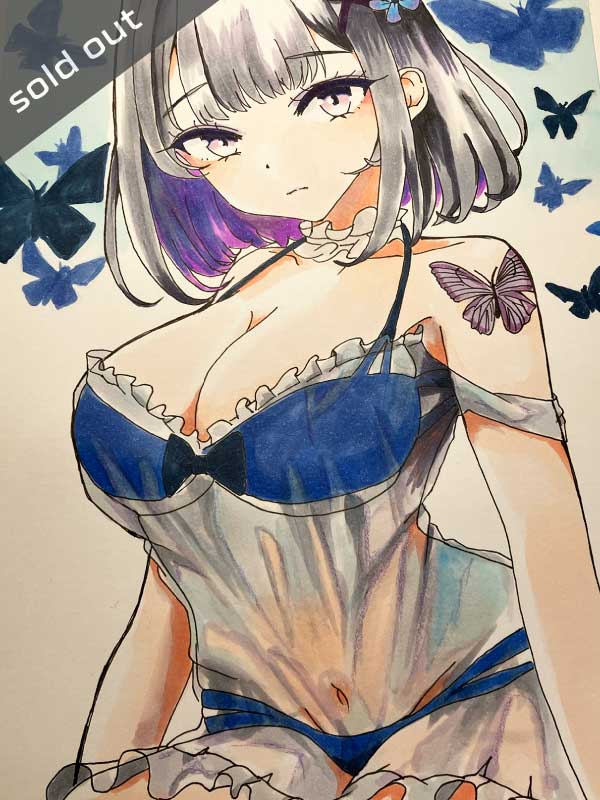 蝶と少女のアナログイラスト
