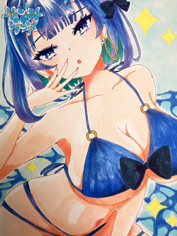 水辺の少女のアナログイラスト