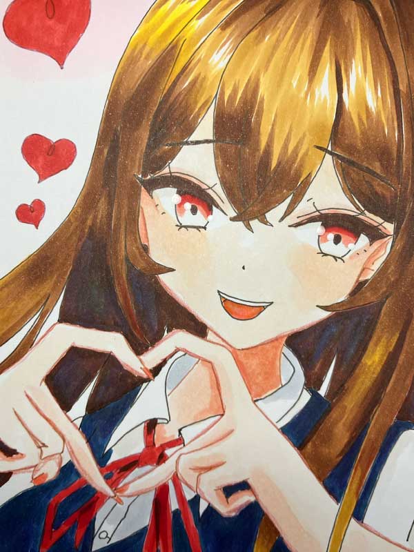 指ハートの少女アナログイラスト
