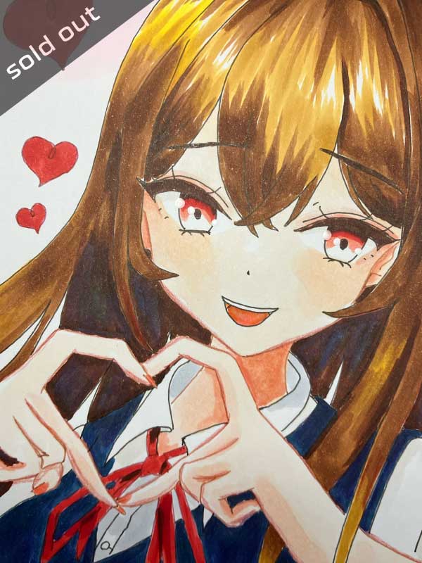 指ハートの少女アナログイラスト