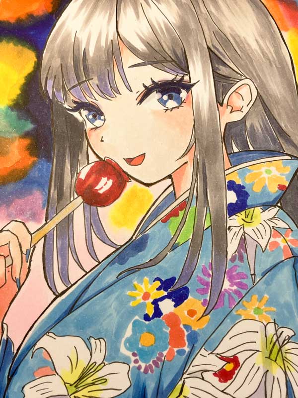 浴衣の少女の少女アナログイラスト