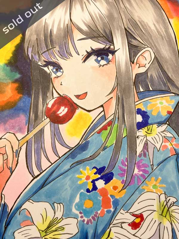 浴衣の少女の少女アナログイラスト