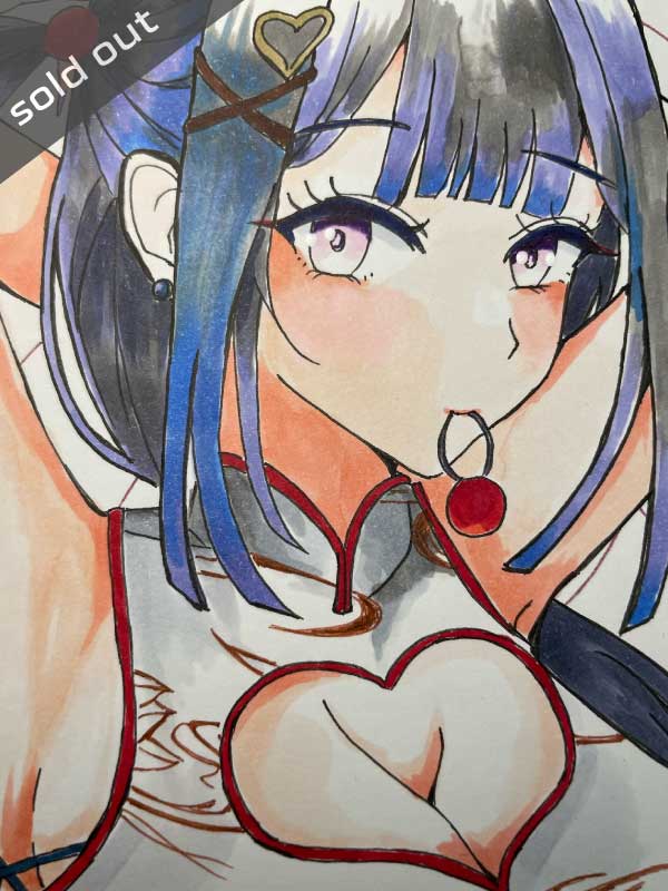 髪を結ぶチャイナ娘の女の子のアナログイラスト