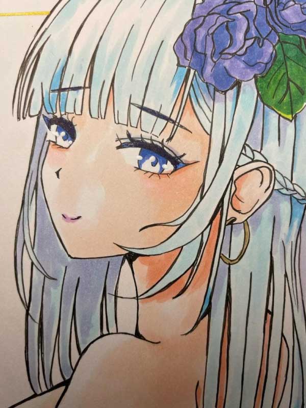 青髪の女の子のアナログイラスト