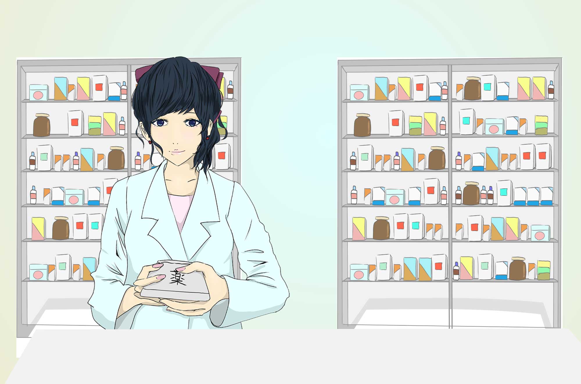 薬剤師のイラスト - かわいいポーズと薬のイメージ無料素材